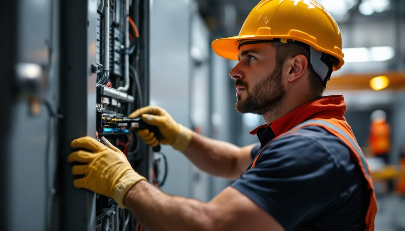 New York electrical contractor in clean uniform inspecting a commercial service entrance switchboard inside a Manhattan building under bright daylight
