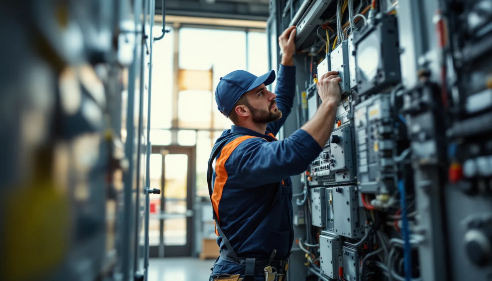 North Carolina electrical contractor in clean uniform inspecting a commercial main switchboard inside a Charlotte-area facility under bright daylight