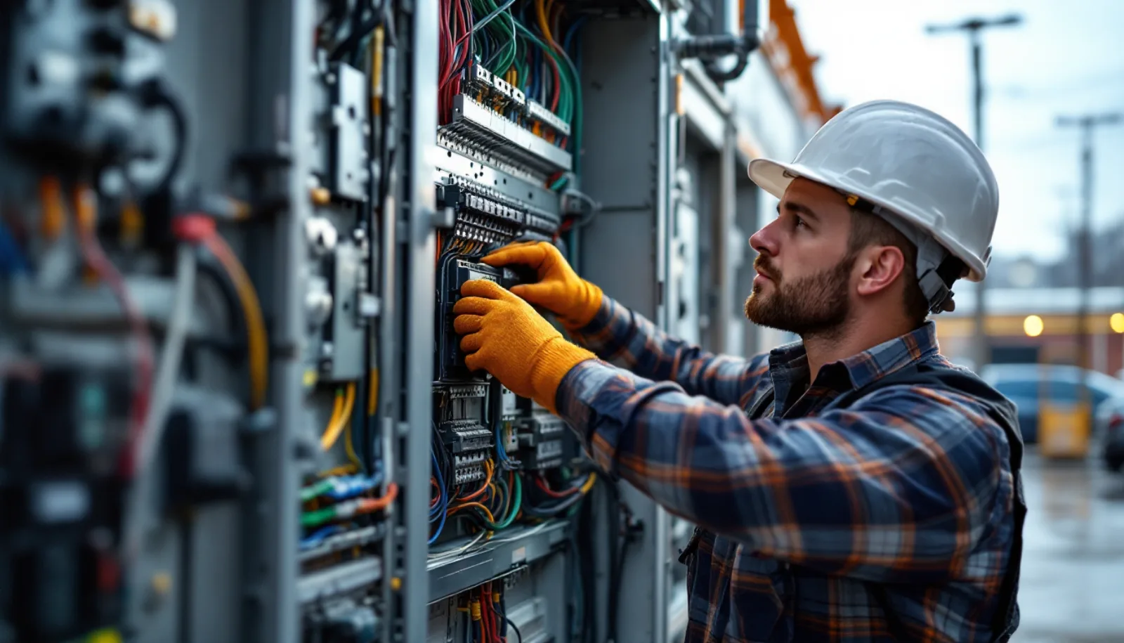 Ohio electrical contractor in clean uniform inspecting an industrial motor control center inside a Cleveland-area manufacturing facility under bright daylight