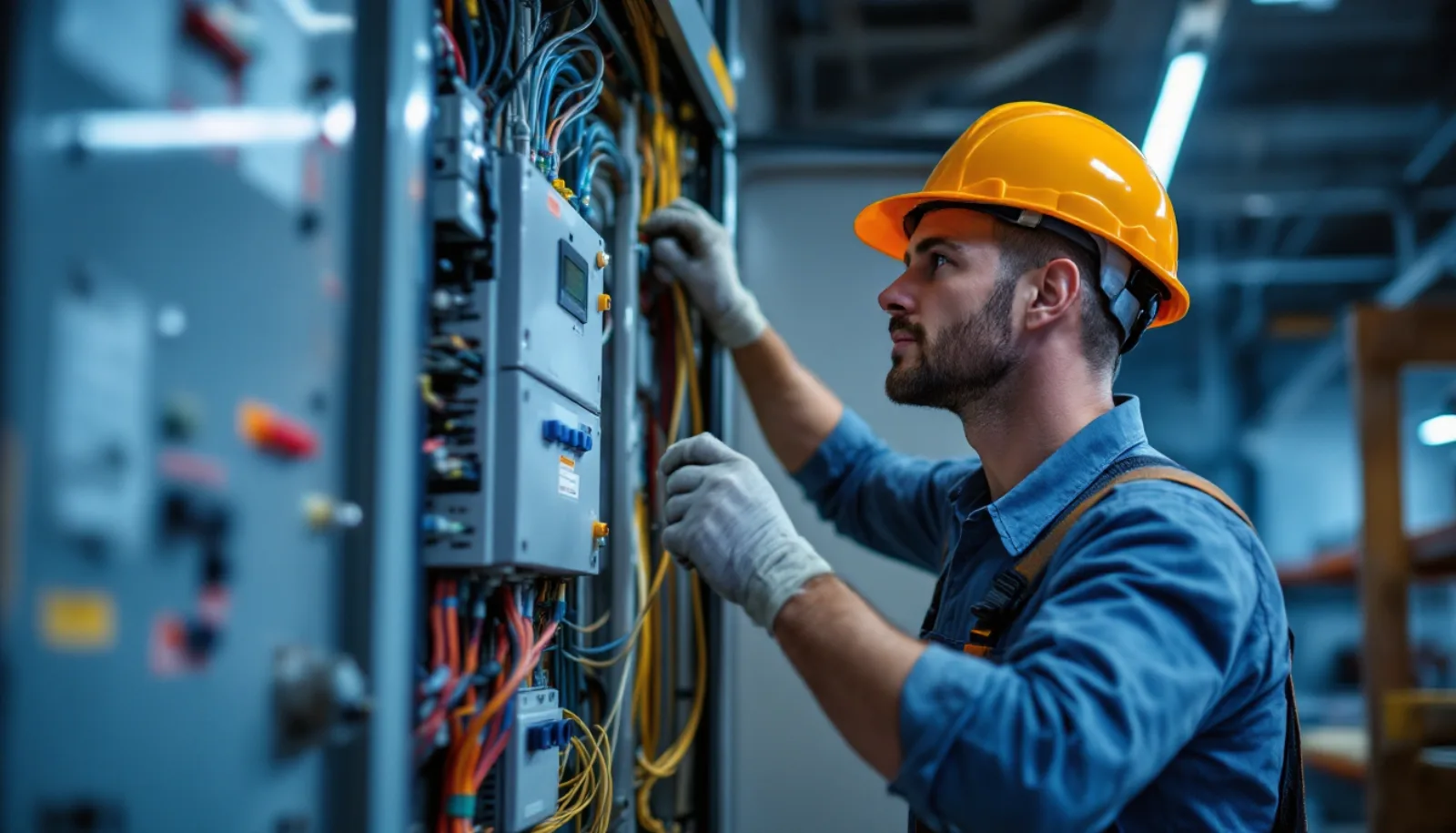 Pennsylvania electrical contractor in clean uniform inspecting an industrial motor control center inside a Pittsburgh-area manufacturing facility under bright daylight