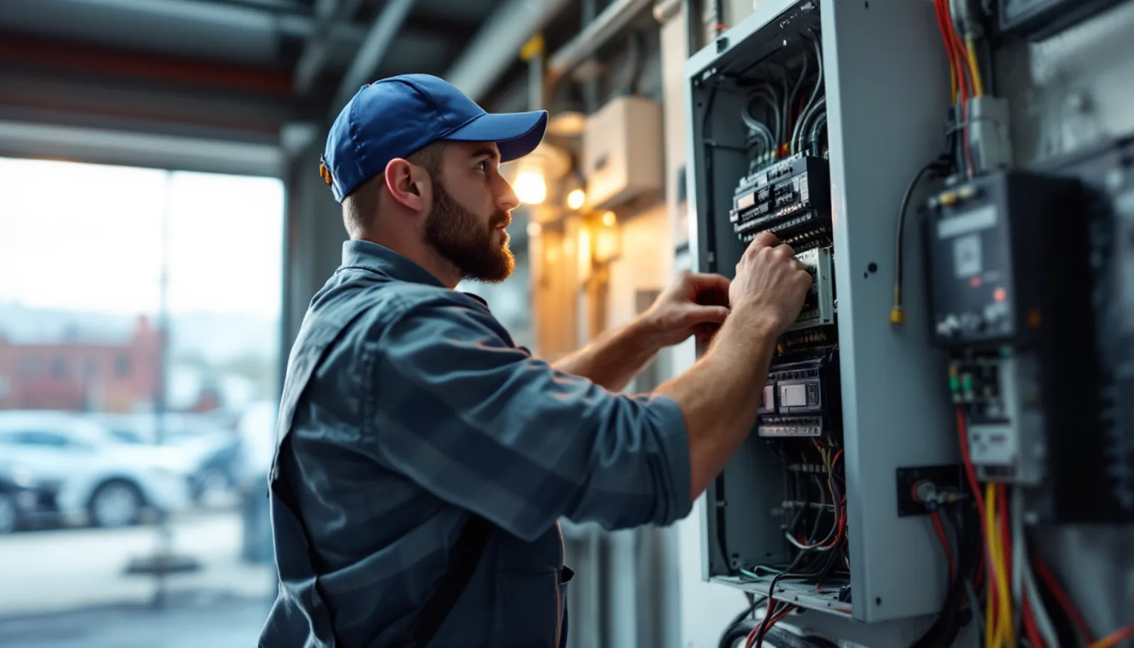 Tennessee electrical contractor in clean uniform inspecting an industrial motor control center inside a Nashville-area automotive facility under bright daylight