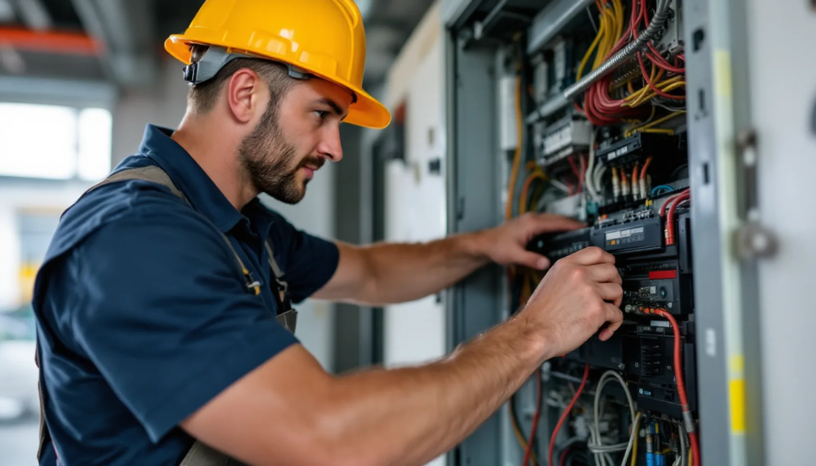 Texas electrical contractor in clean uniform inspecting an industrial switchgear panel inside a commercial facility under bright daylight
