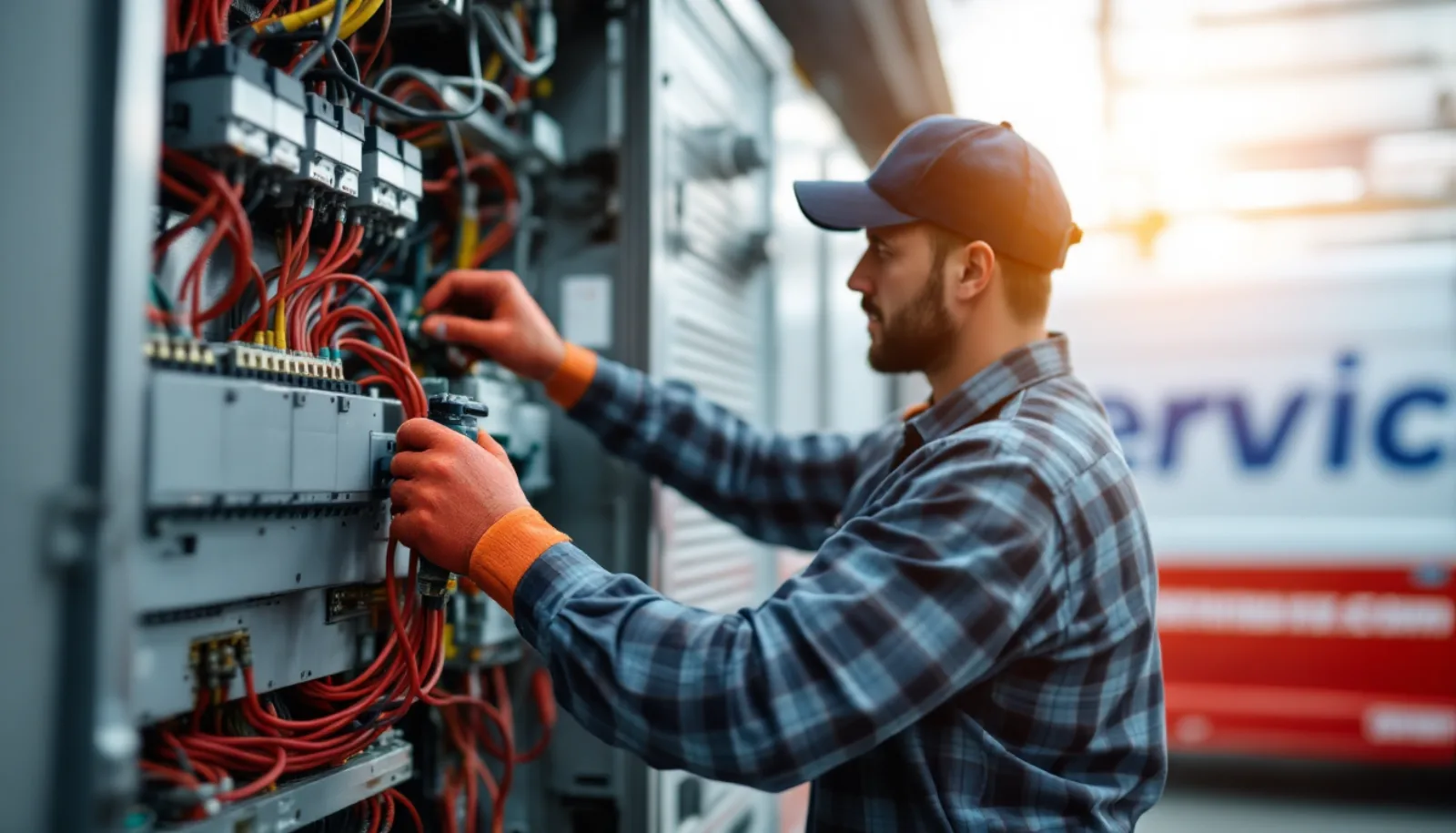 Washington, D.C. electrical contractor in clean uniform inspecting a high-voltage switchgear room inside a Northern Washington, D.C. data center facility under bright daylight