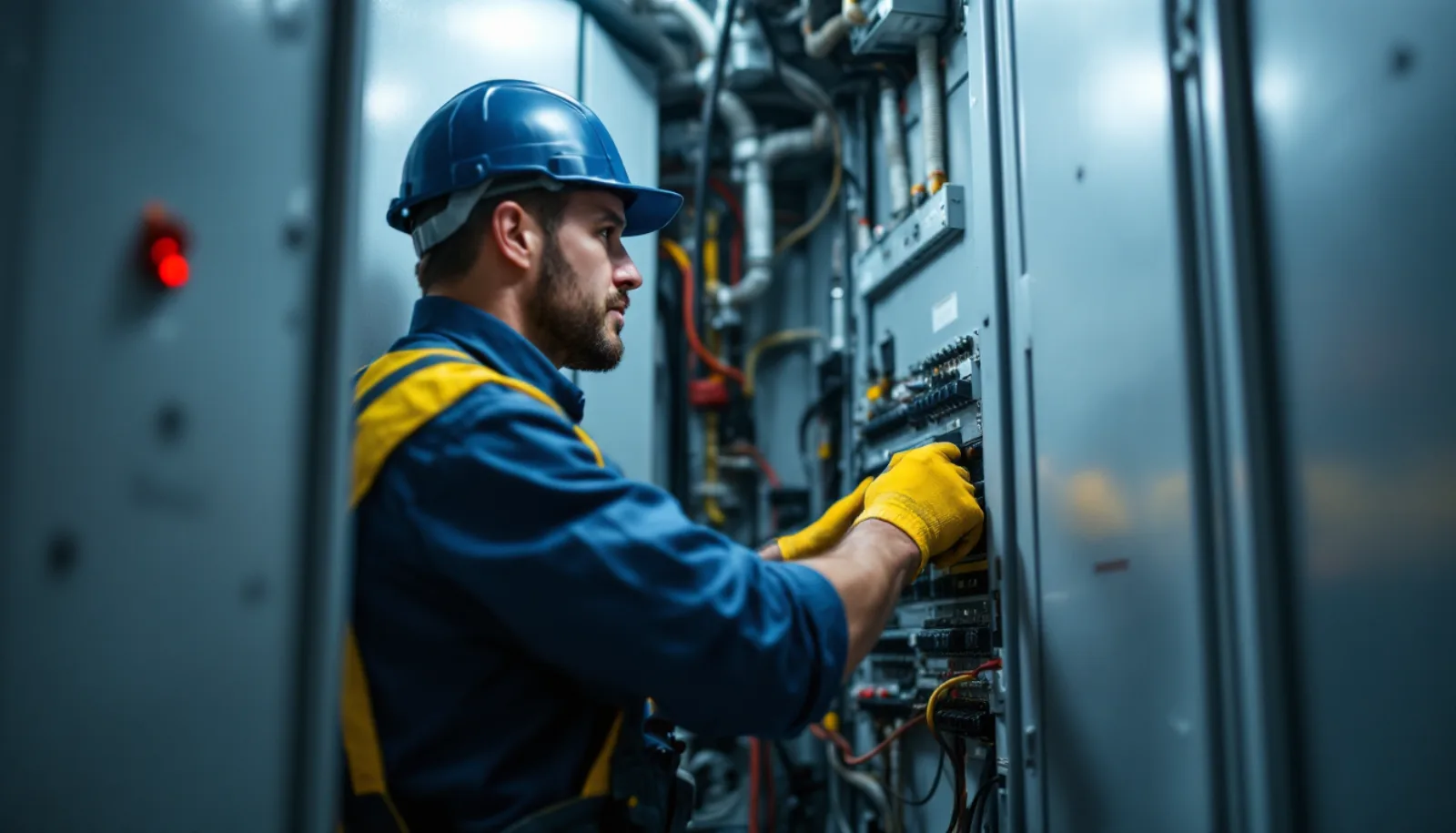 Washington electrical contractor in clean uniform inspecting an industrial main switchboard inside a Seattle-area Boeing facility under bright daylight