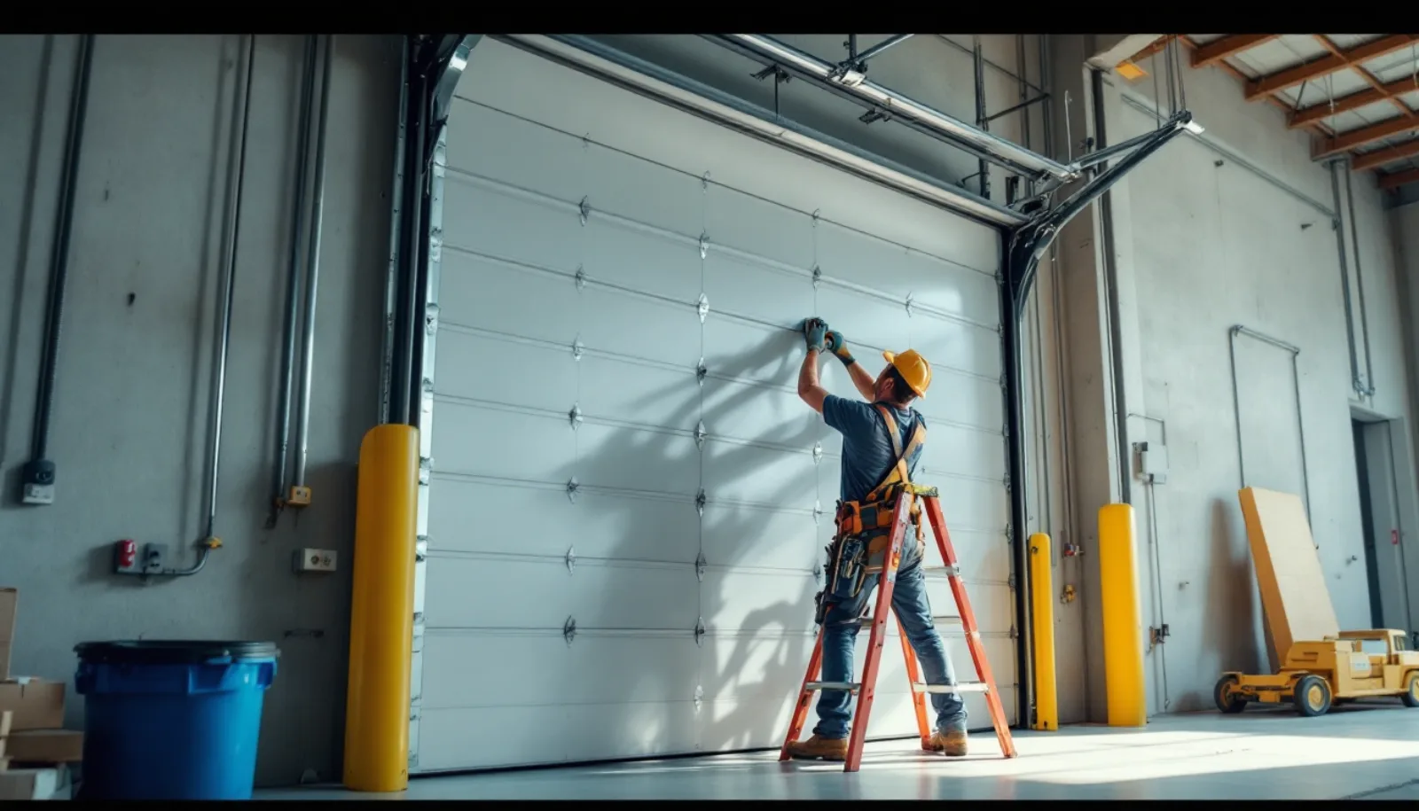 Garage door technician installing a hurricane-rated impact garage door on a Florida coastal home with palm trees and ocean breeze