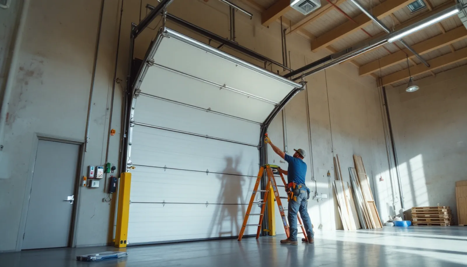 Garage door technician installing a new residential garage door on a Las Vegas Nevada stucco home with desert mountains and bright sun