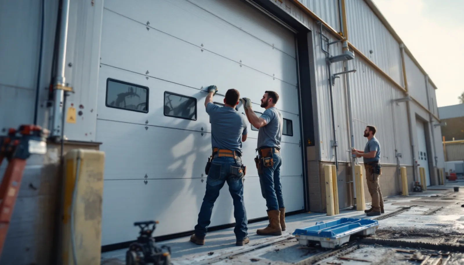 Garage door technician installing a new residential garage door on a Charlotte North Carolina brick-and-siding home with mature pines