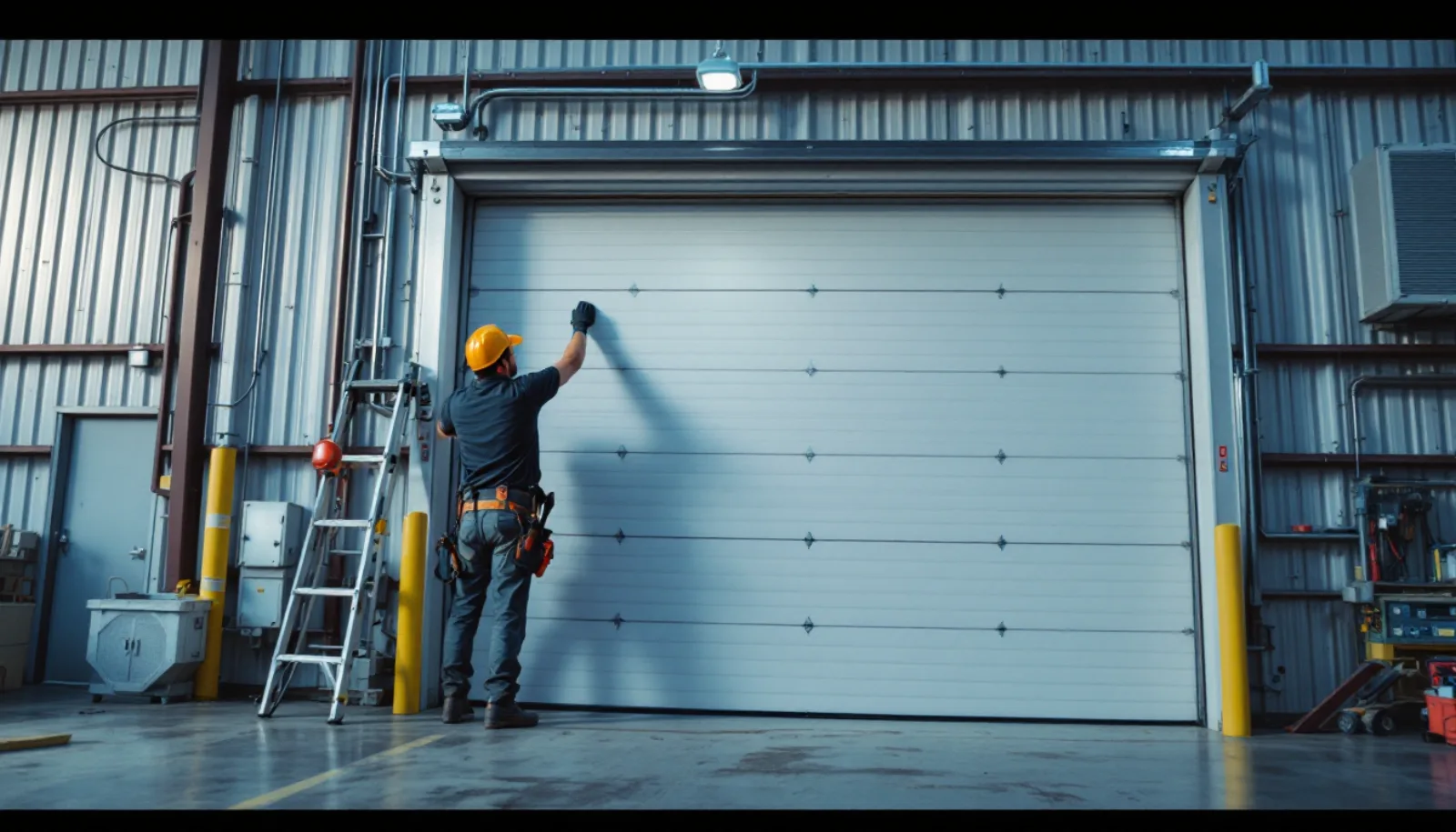 Garage door technician installing a new residential garage door on a Seattle area Pacific Northwest craftsman home with mature evergreen trees