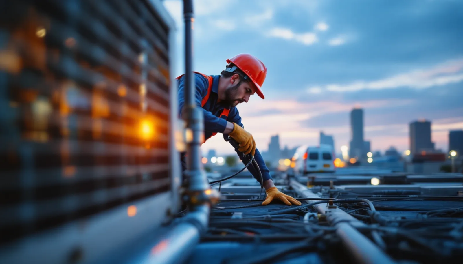 HVAC technician inspecting a rooftop air conditioning unit on a Los Angeles California commercial building with downtown skyline in the background