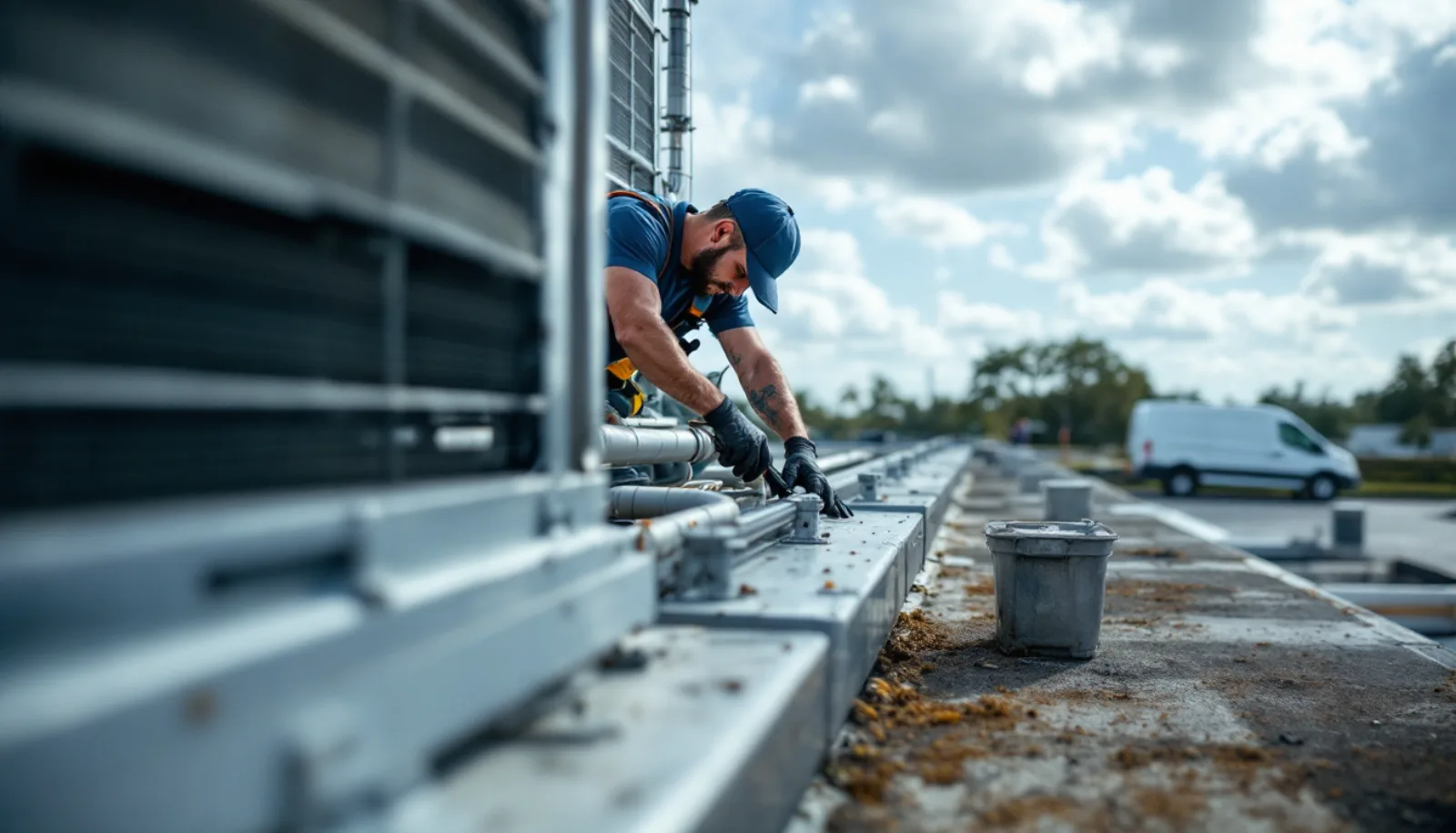 HVAC technician inspecting a rooftop air conditioning unit on a Miami Florida commercial building under bright tropical sun