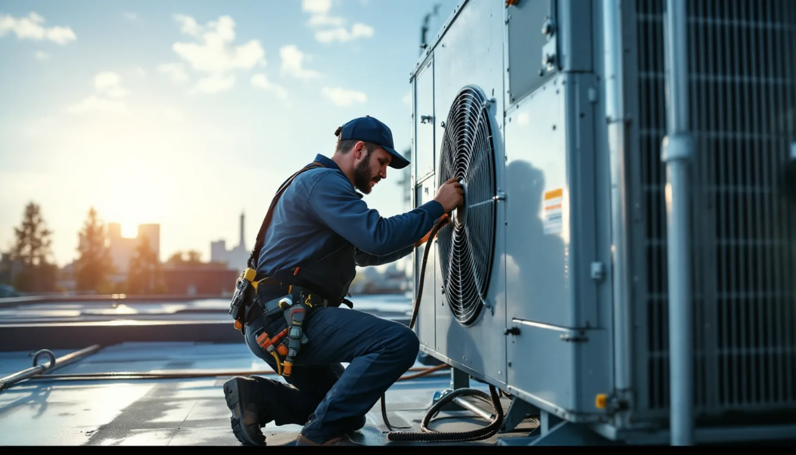 HVAC technician servicing a high-efficiency furnace in a Chicago Illinois single-family home basement during winter
