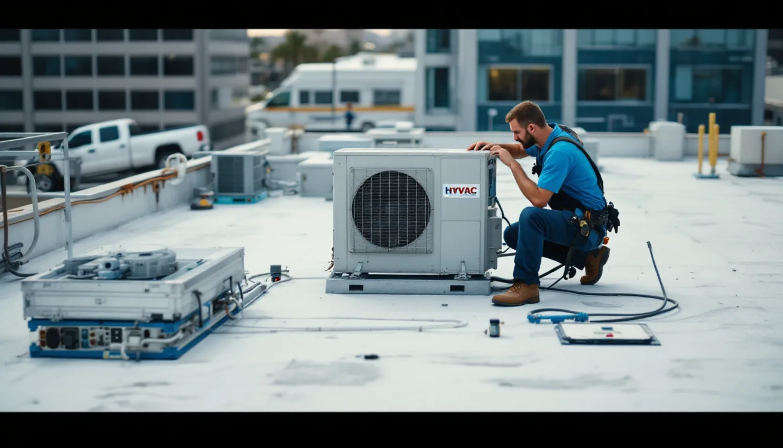 HVAC technician servicing a rooftop air conditioning unit on a Las Vegas Nevada commercial building under intense desert sun