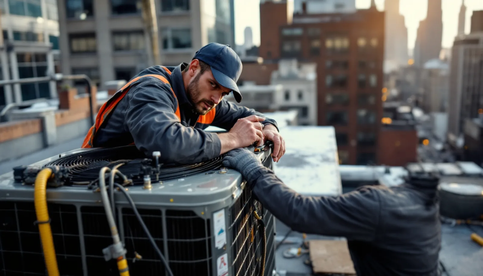 HVAC technician inspecting a rooftop air conditioning unit on a Manhattan New York commercial building with skyline in background