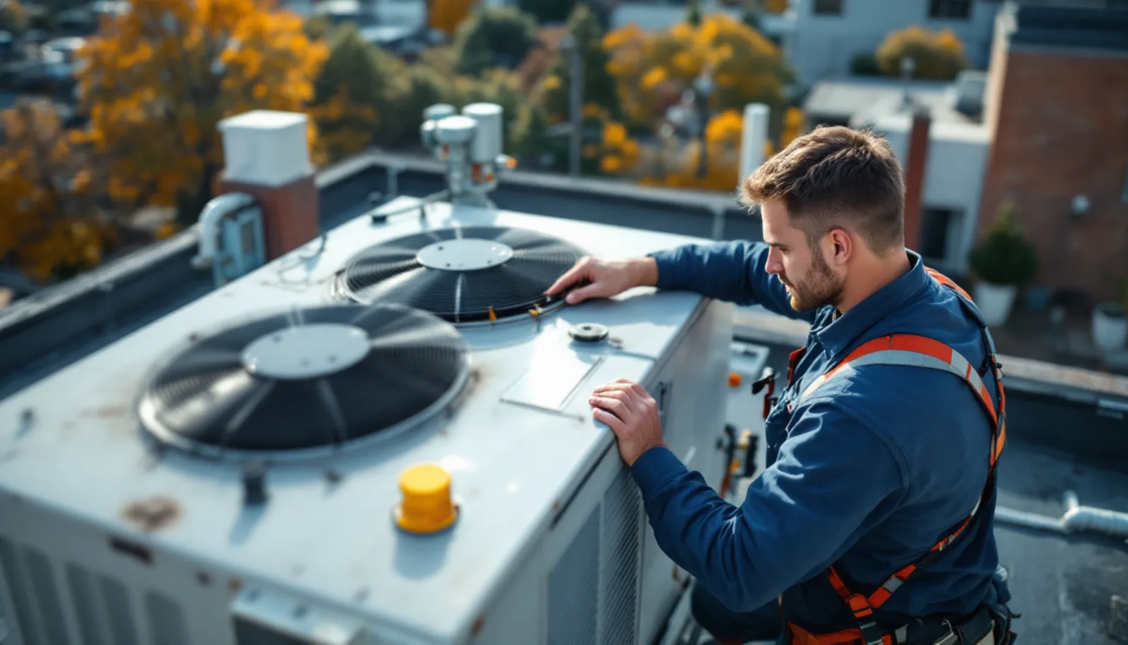 HVAC technician installing a high-efficiency heat pump on a Columbus Ohio single-family home in spring