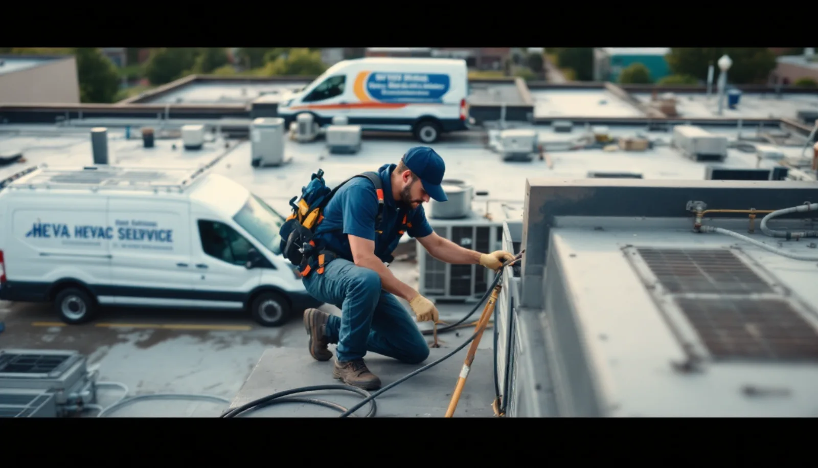 HVAC technician inspecting a packaged rooftop air conditioning unit on a Nashville Tennessee commercial building under summer sun