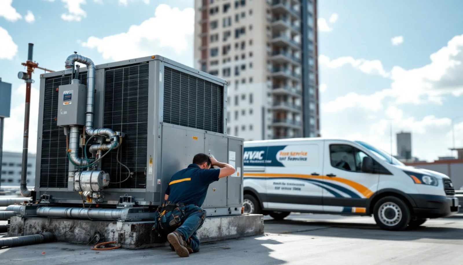 HVAC technician inspecting a rooftop air conditioning unit on a Houston Texas commercial building under bright Texas sun