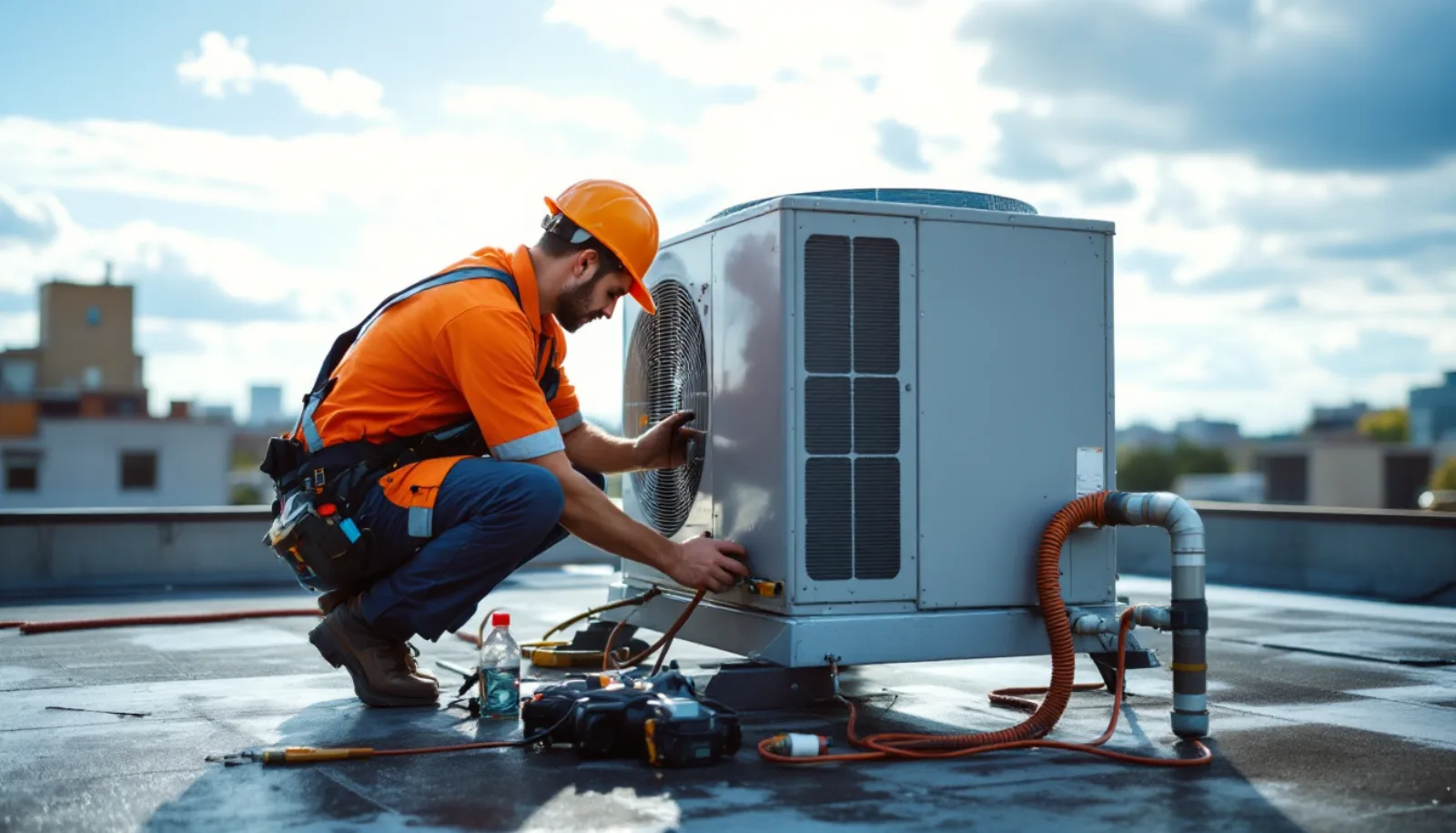 HVAC technician installing a high-efficiency heat pump on a Seattle Washington home with Puget Sound and evergreen trees in the background