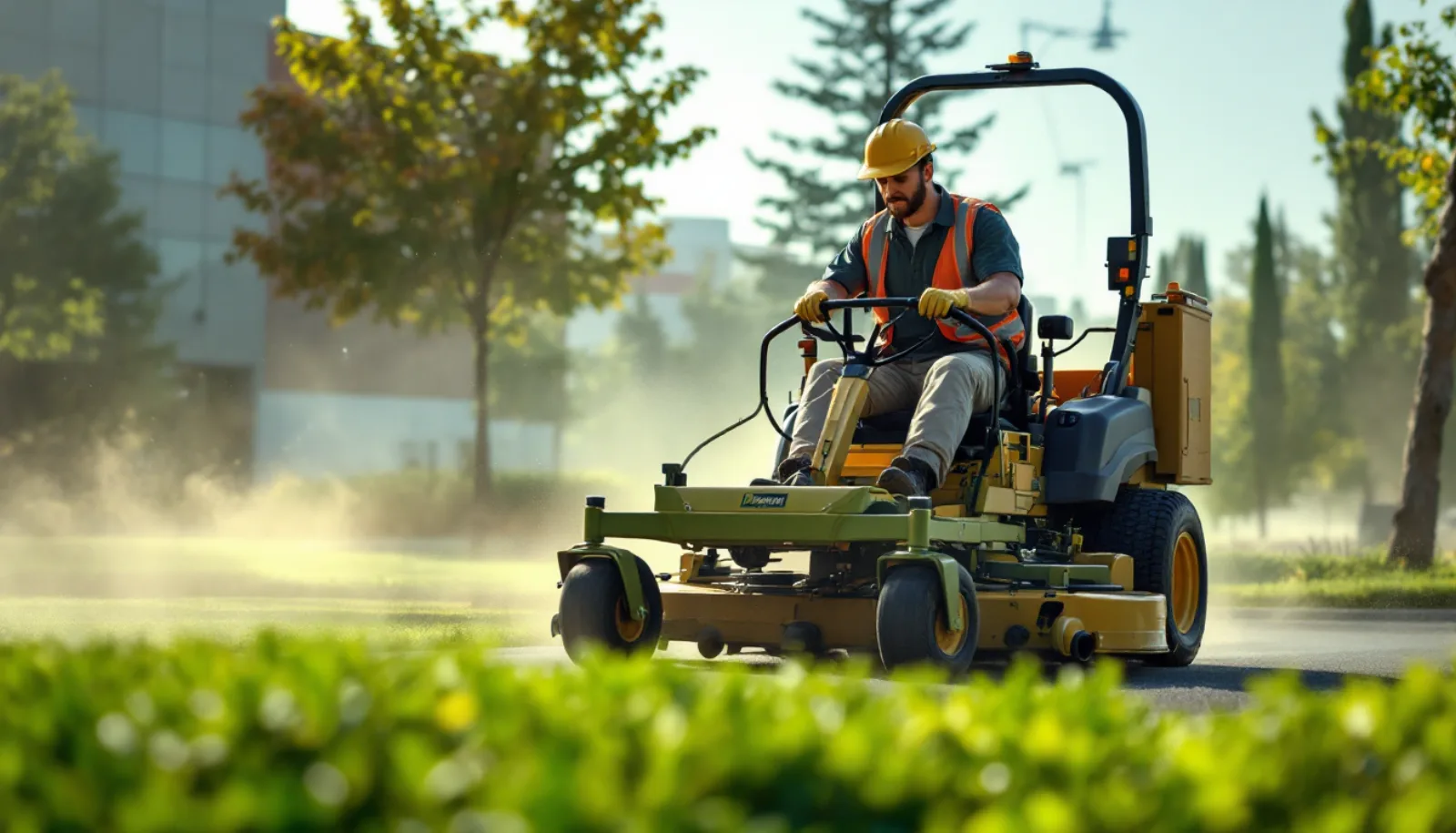 Commercial landscape crew maintaining a Class A office park in Silicon Valley California with palm trees and rolling green hills in background under California sun