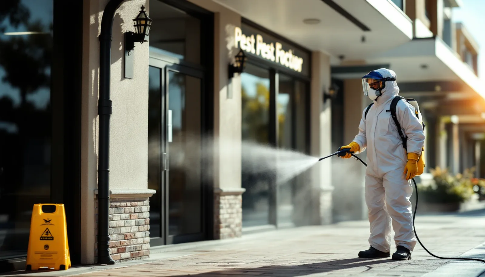 Florida pest control business owner standing beside a route truck in a residential neighborhood with palm trees, mid-morning