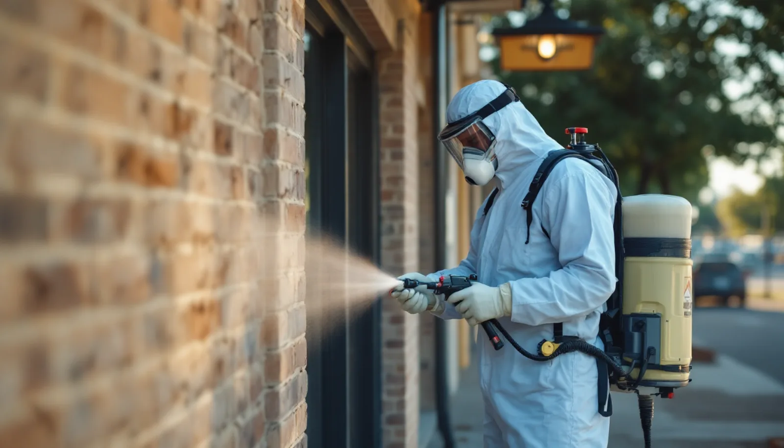 Texas pest control business owner standing beside a route truck in a Dallas-area suburban neighborhood at golden hour
