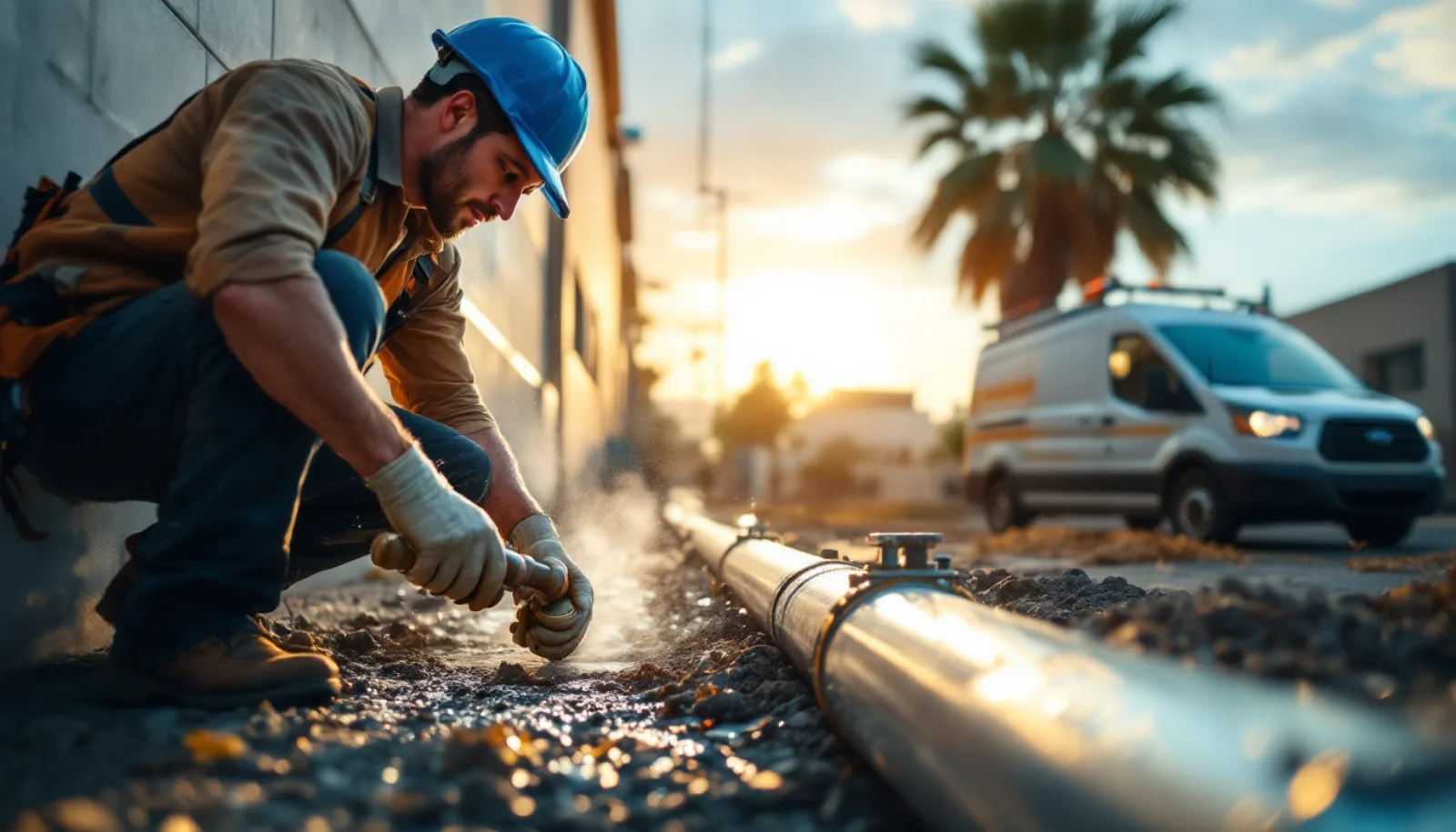 Plumbing service van parked outside a Arizona home in late afternoon, owner inspecting work order, photorealistic editorial photography