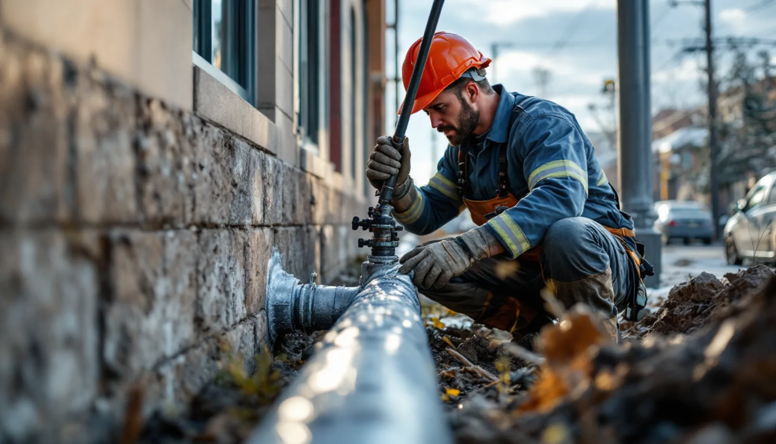 Plumbing service van parked outside a Colorado home in late afternoon, owner inspecting work order, photorealistic editorial photography