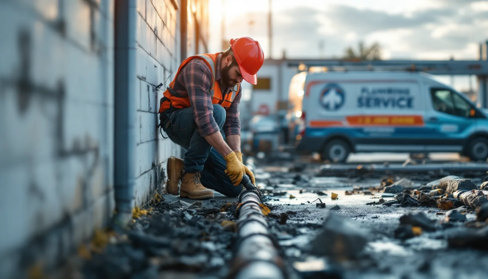 Plumbing service van parked outside a Illinois home in late afternoon, owner inspecting work order, photorealistic editorial photography