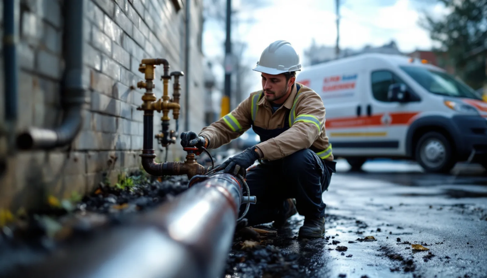 Plumbing service van parked outside a New Jersey home in late afternoon, owner inspecting work order, photorealistic editorial photography