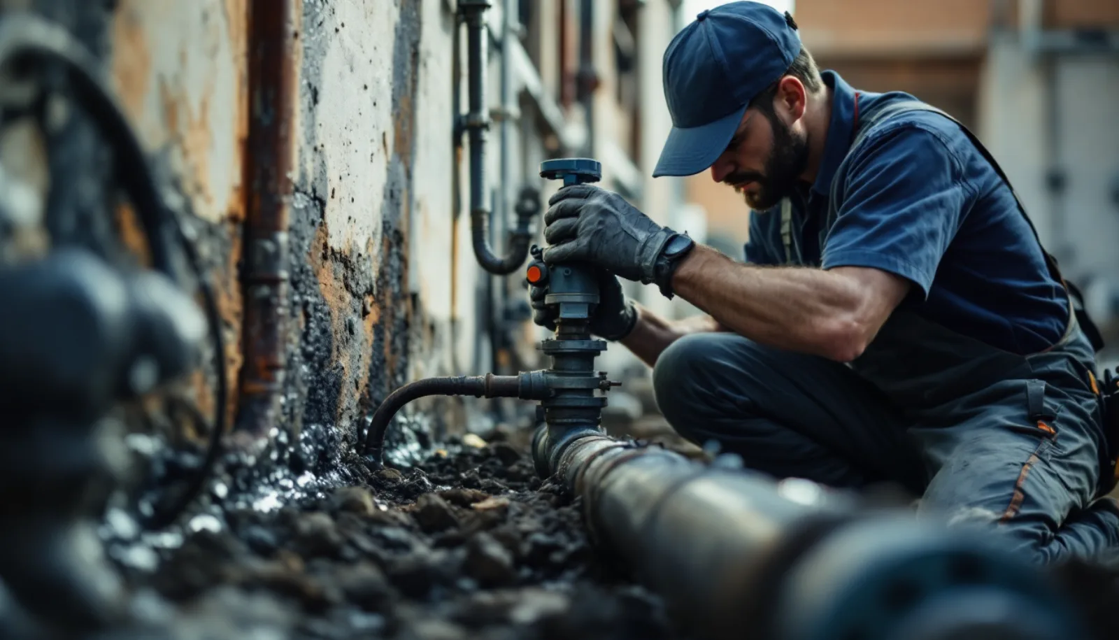 Plumbing service van parked outside a Texas home in late afternoon, owner inspecting work order, photorealistic editorial photography