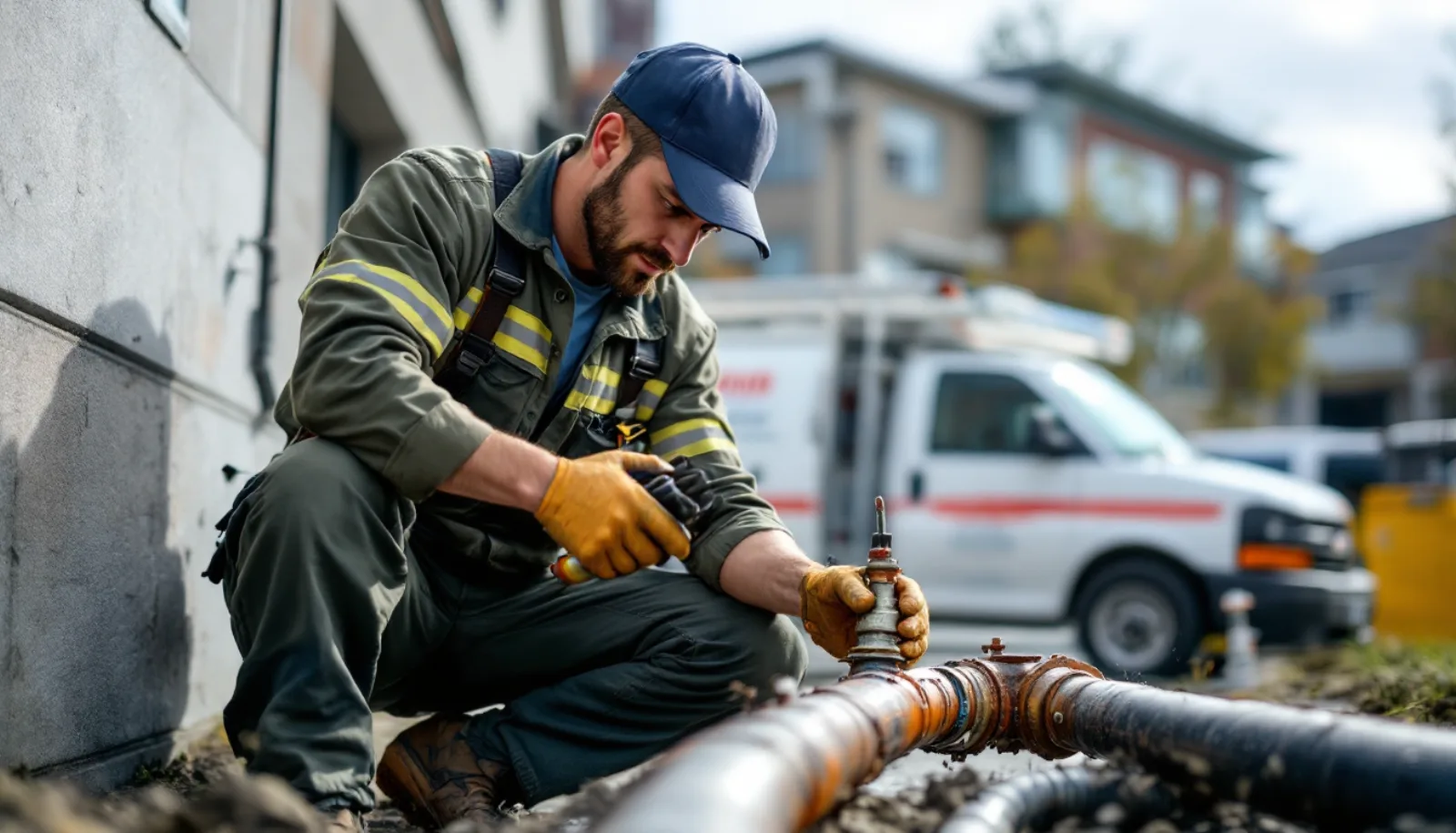 Plumbing service van parked outside a Washington home in late afternoon, owner inspecting work order, photorealistic editorial photography