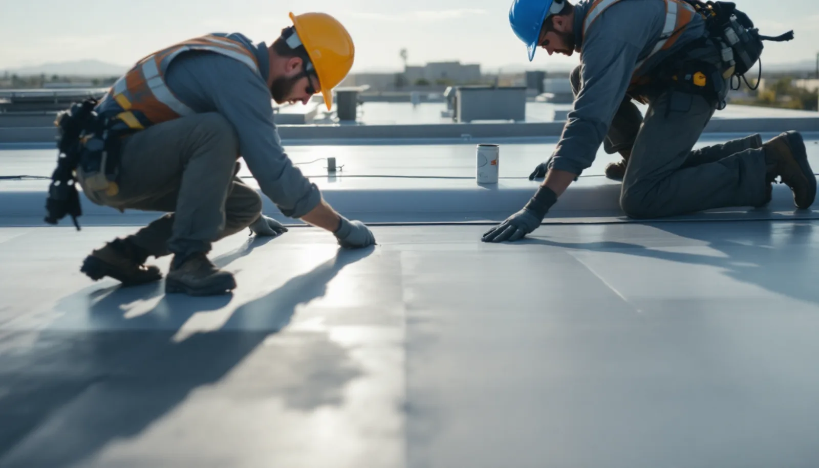 Roofing crew installing shingles on a Arizona home with clear blue sky background
