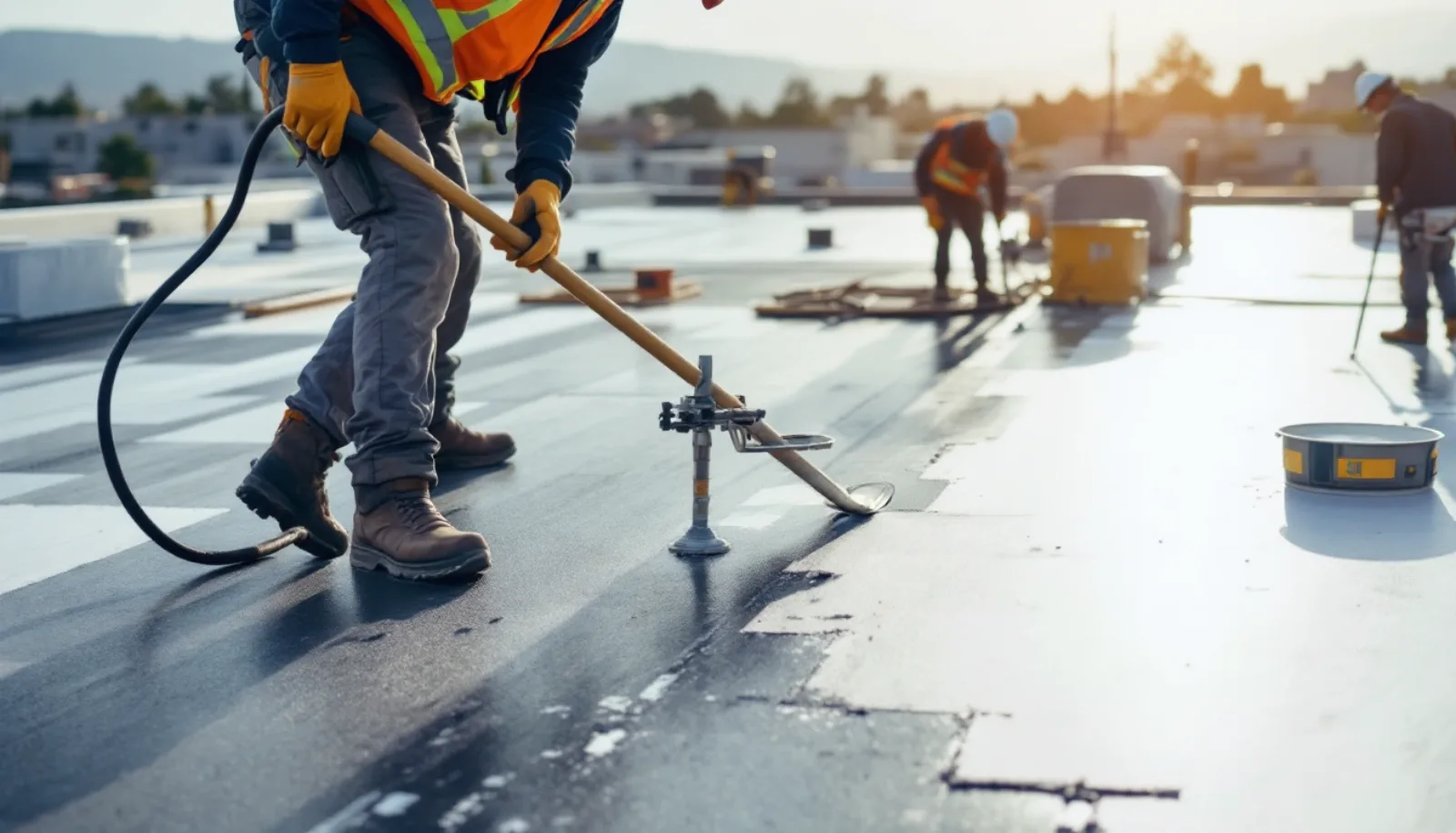 Roofing crew installing shingles on a California home with clear blue sky background