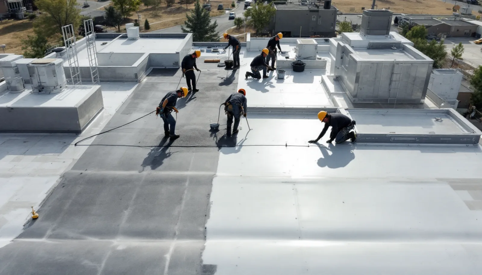 Roofing crew installing shingles on a Colorado home with clear blue sky background