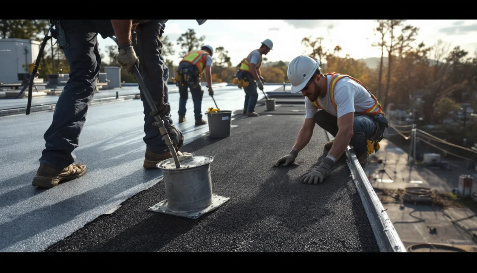 Roofing crew installing shingles on a Georgia home with clear blue sky background