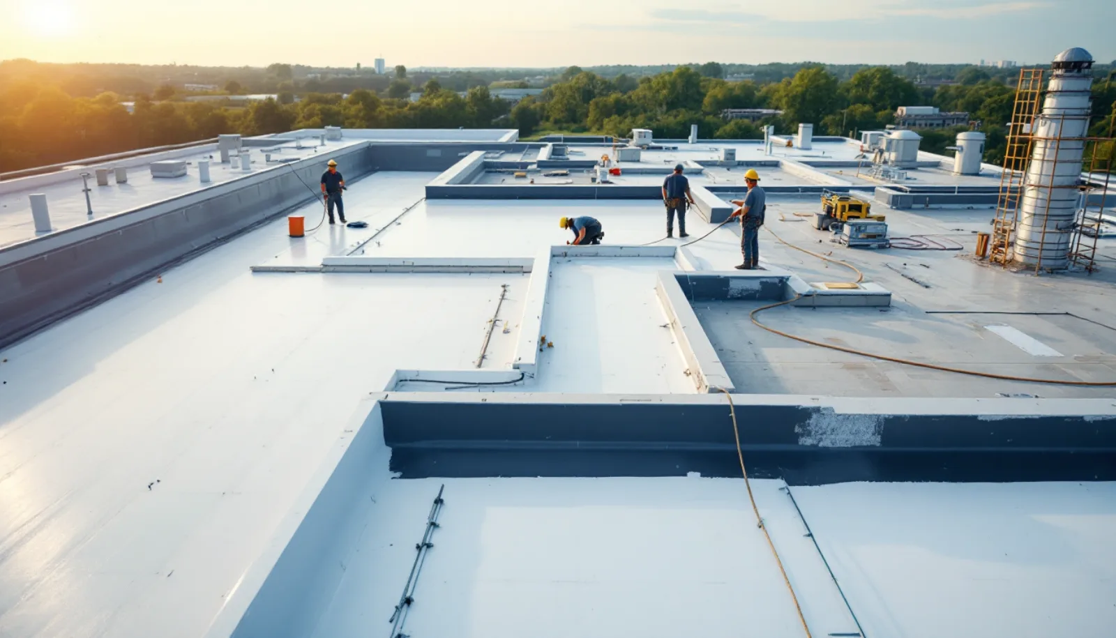 Roofing crew installing shingles on a Illinois home with clear blue sky background