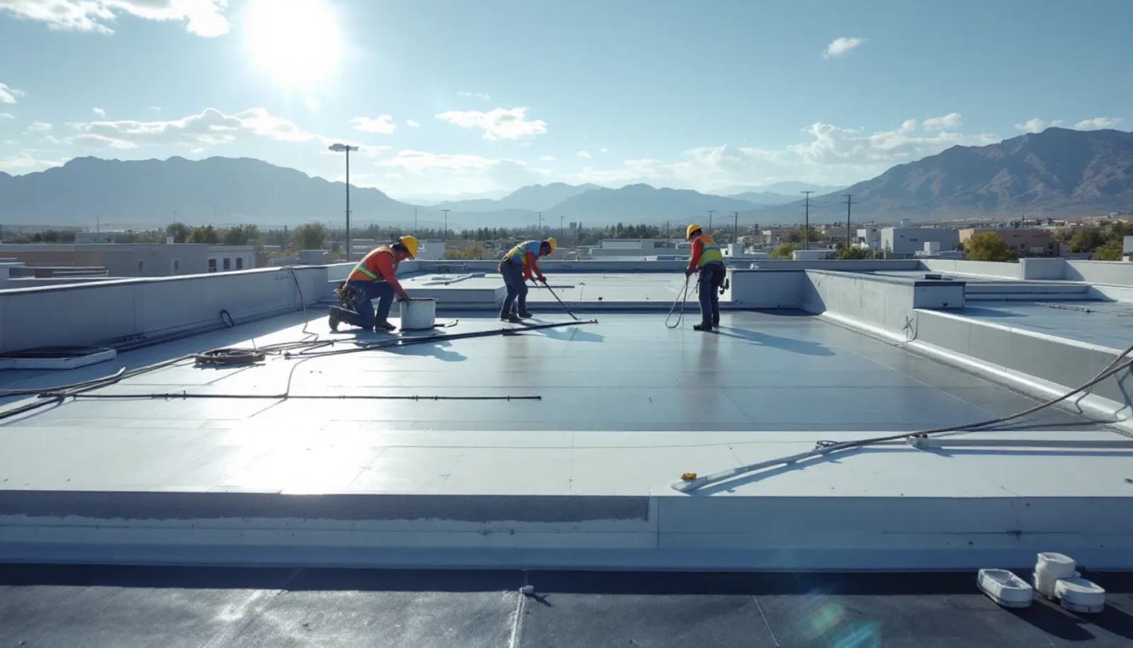 Roofing crew installing shingles on a Nevada home with clear blue sky background