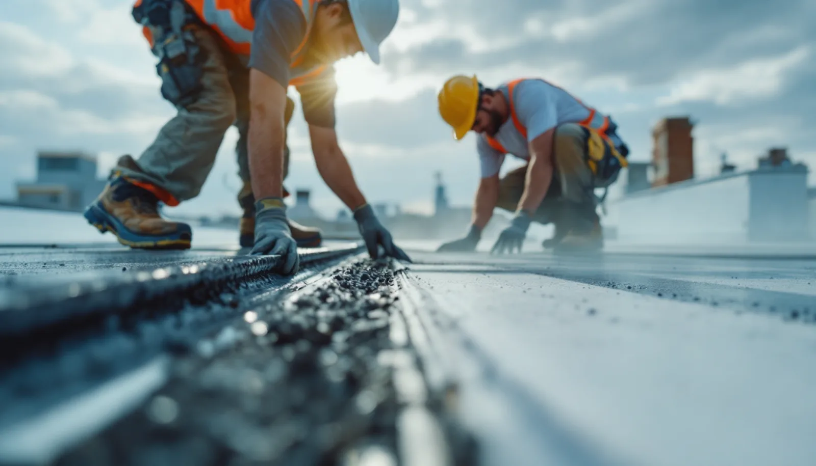 Roofing crew installing shingles on a New Jersey home with clear blue sky background