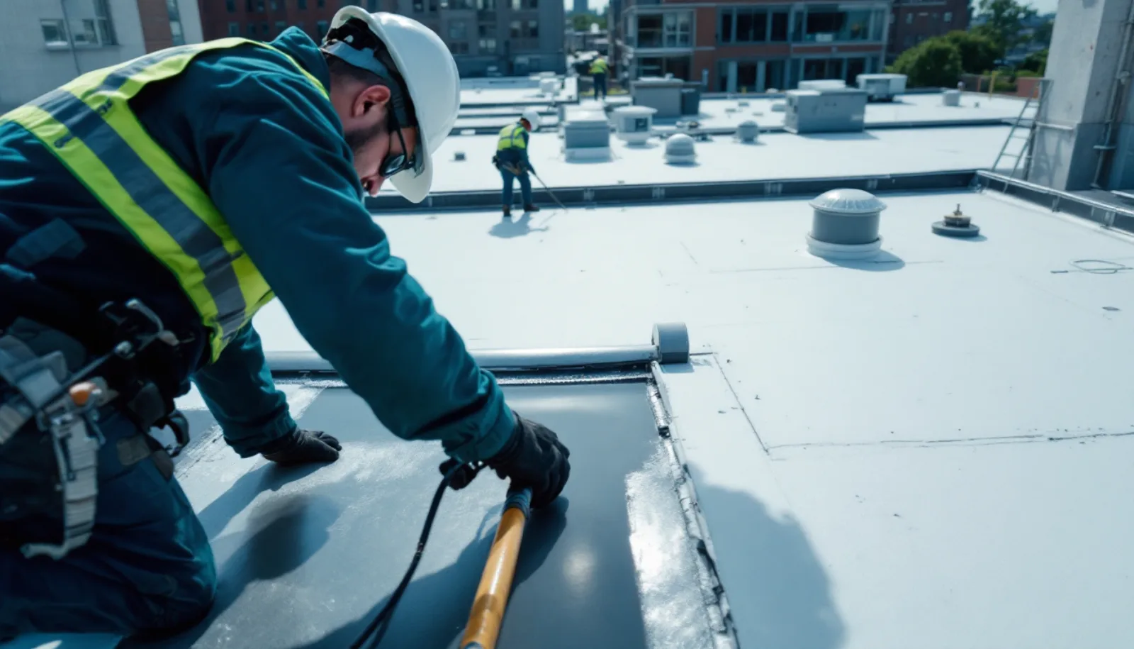 Roofing crew installing shingles on a New York home with clear blue sky background