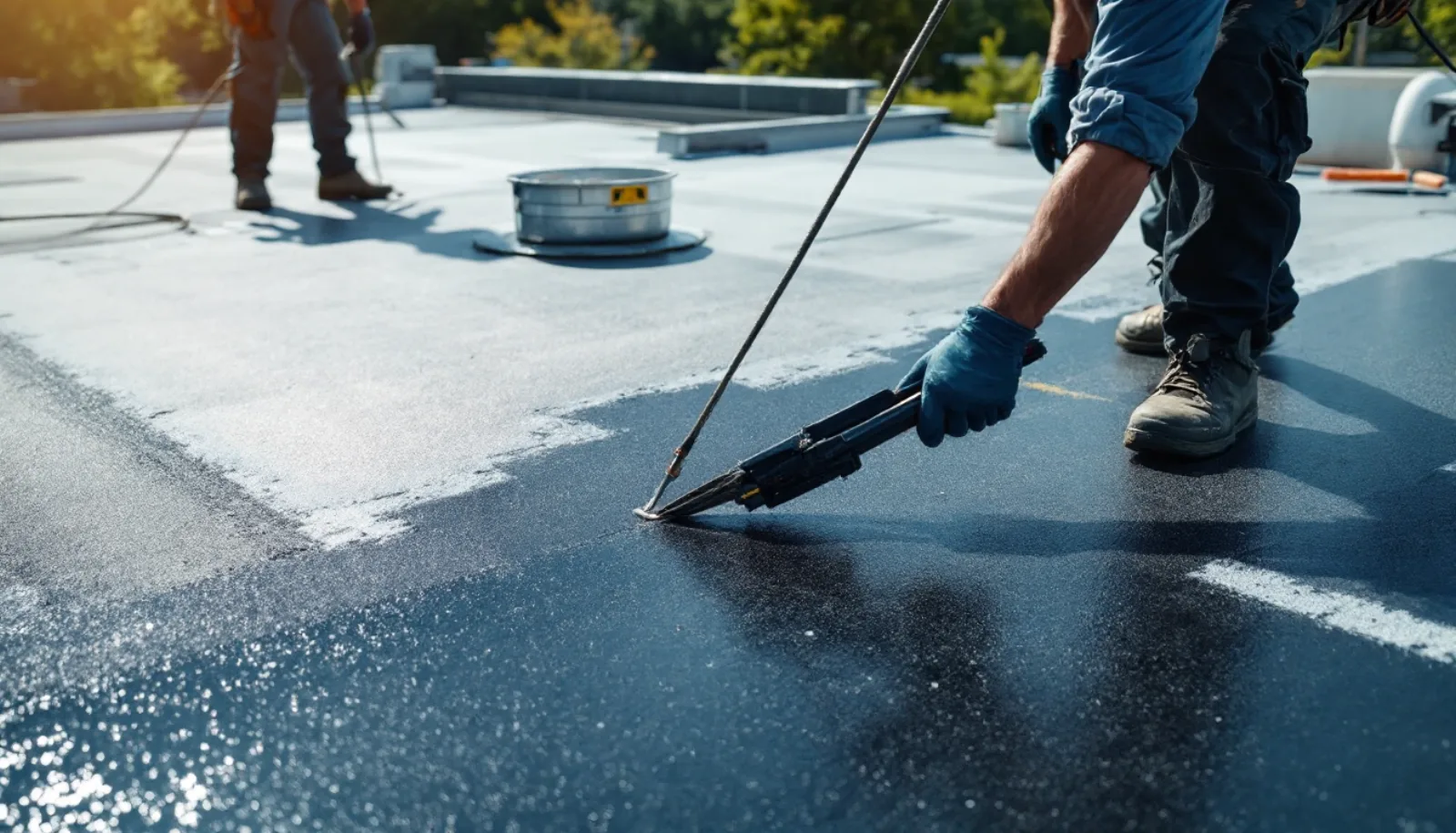 Roofing crew installing shingles on a North Carolina home with clear blue sky background