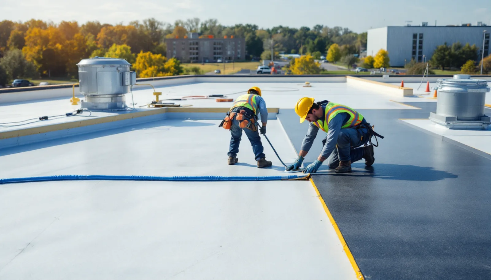 Roofing crew installing shingles on a Ohio home with clear blue sky background