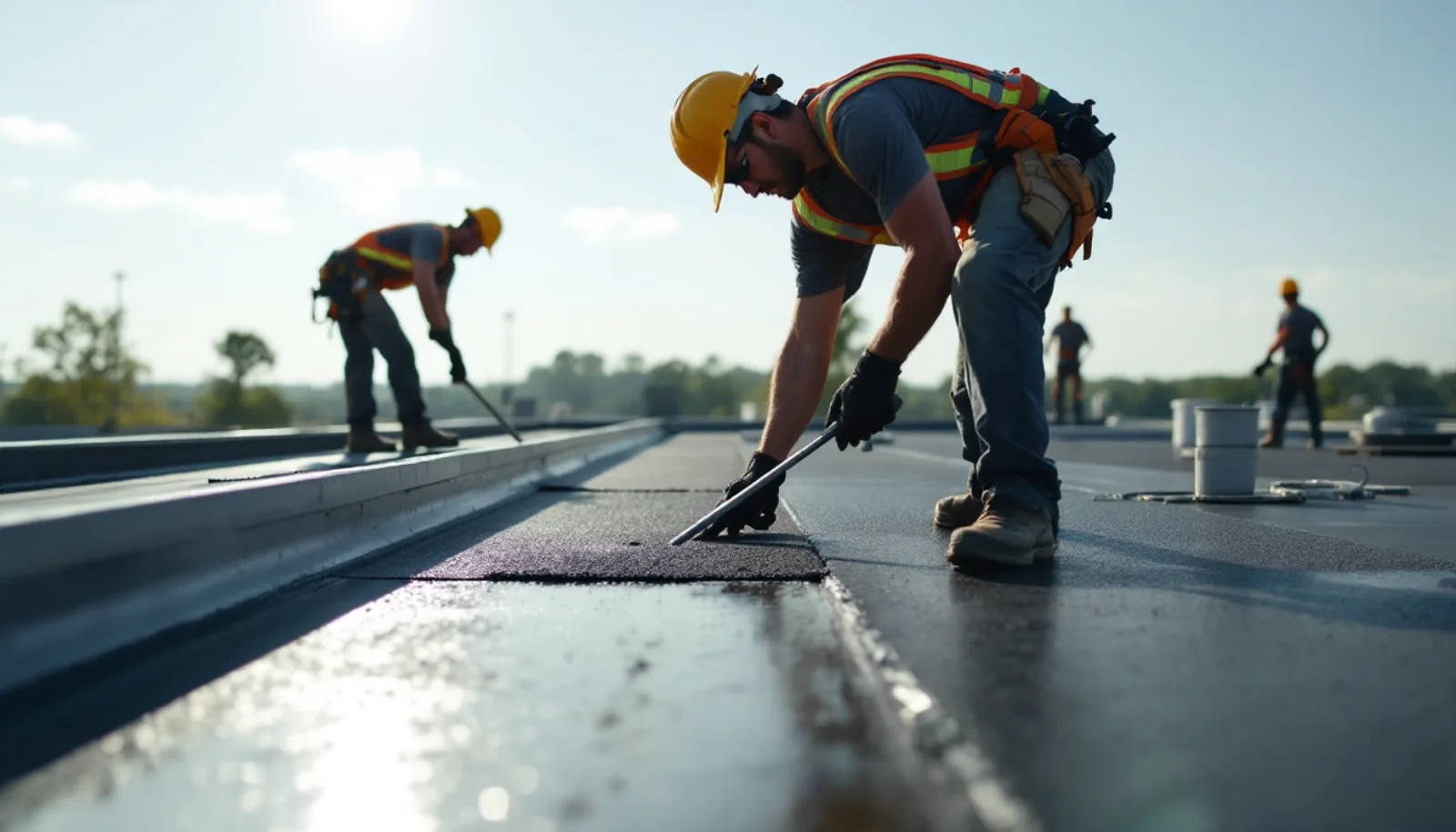 Roofing crew installing shingles on a Tennessee home with clear blue sky background