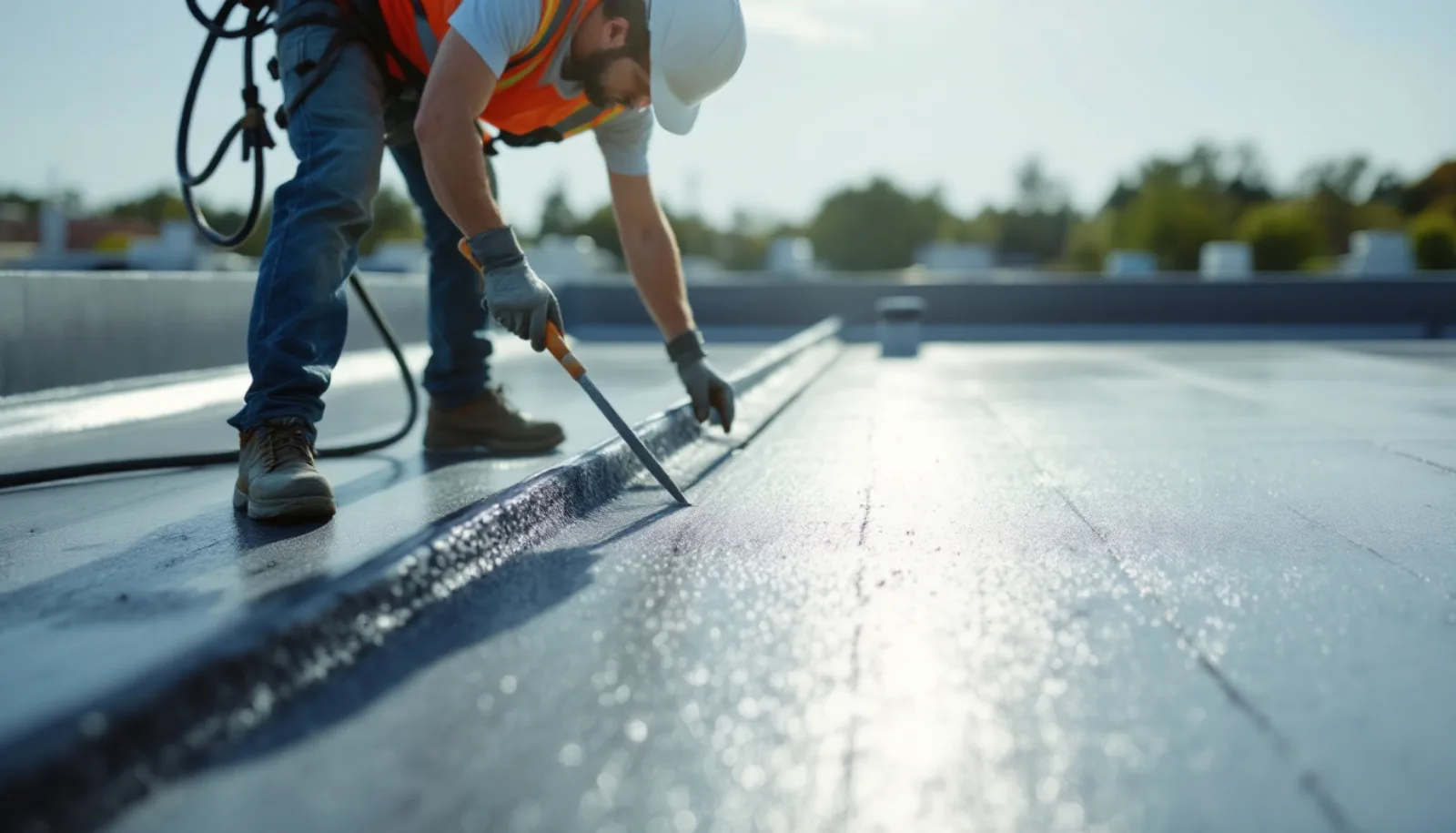 Roofing crew installing shingles on a Texas home with bright blue sky and Dallas-area suburban backdrop