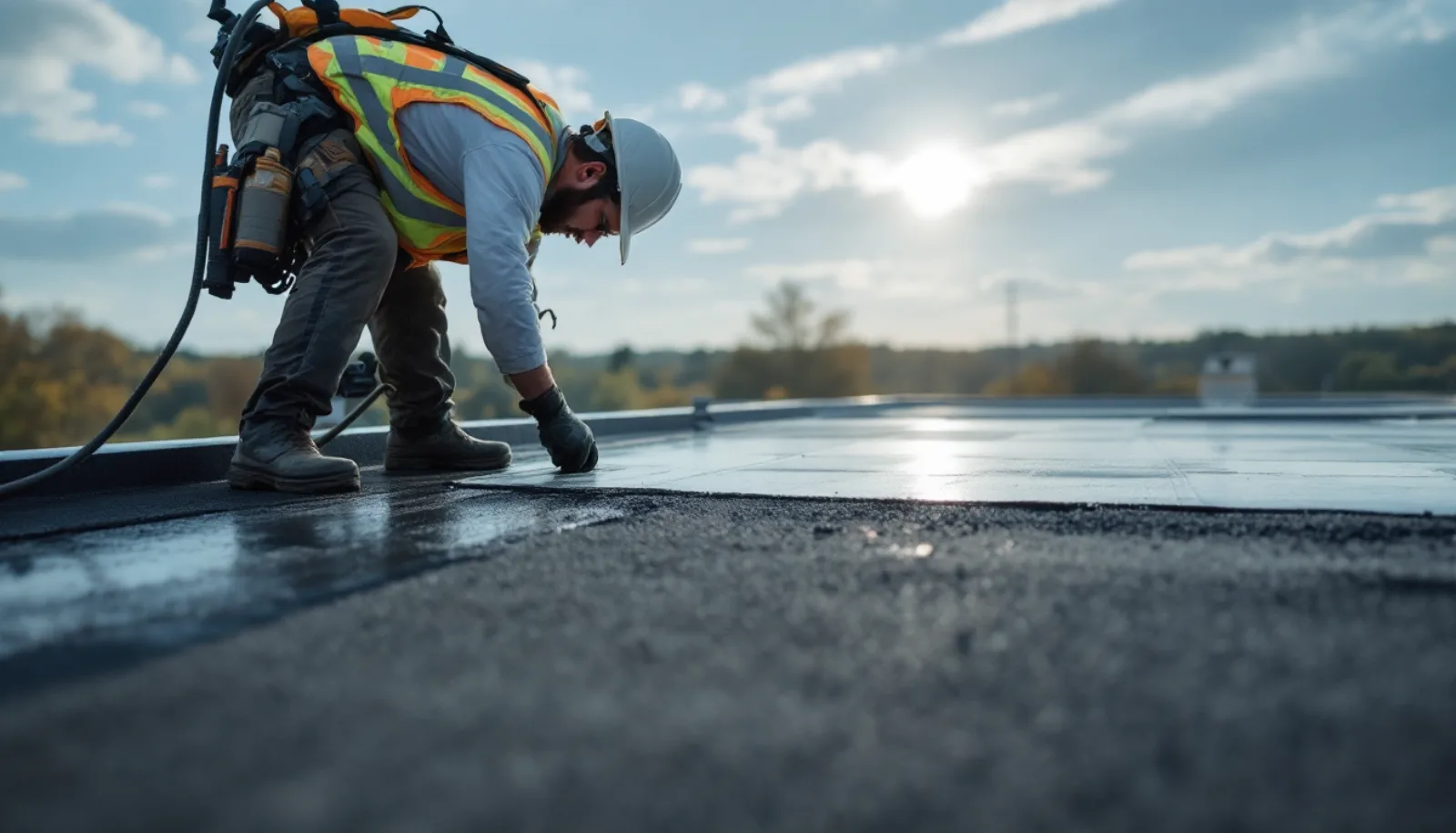 Roofing crew installing shingles on a Virginia home with clear blue sky background