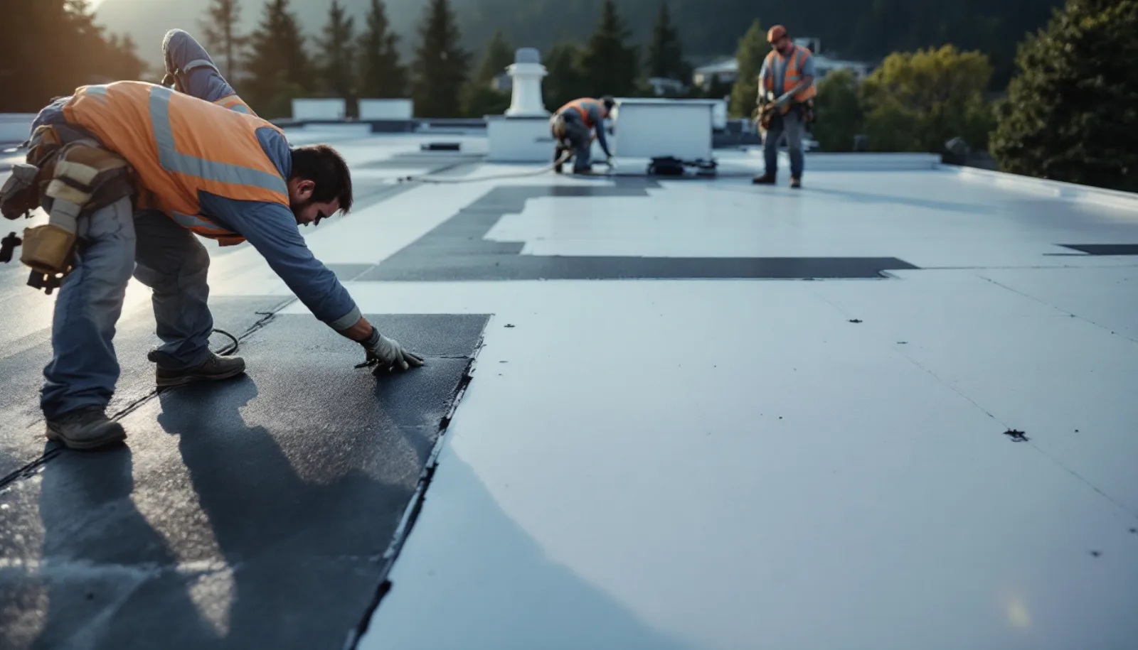 Roofing crew installing shingles on a Washington home with clear blue sky background