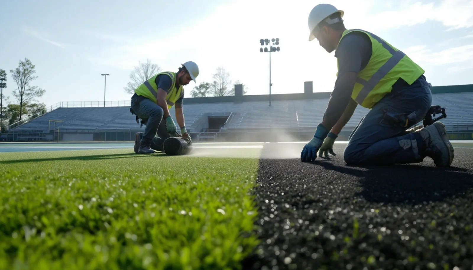Synthetic turf football field installation