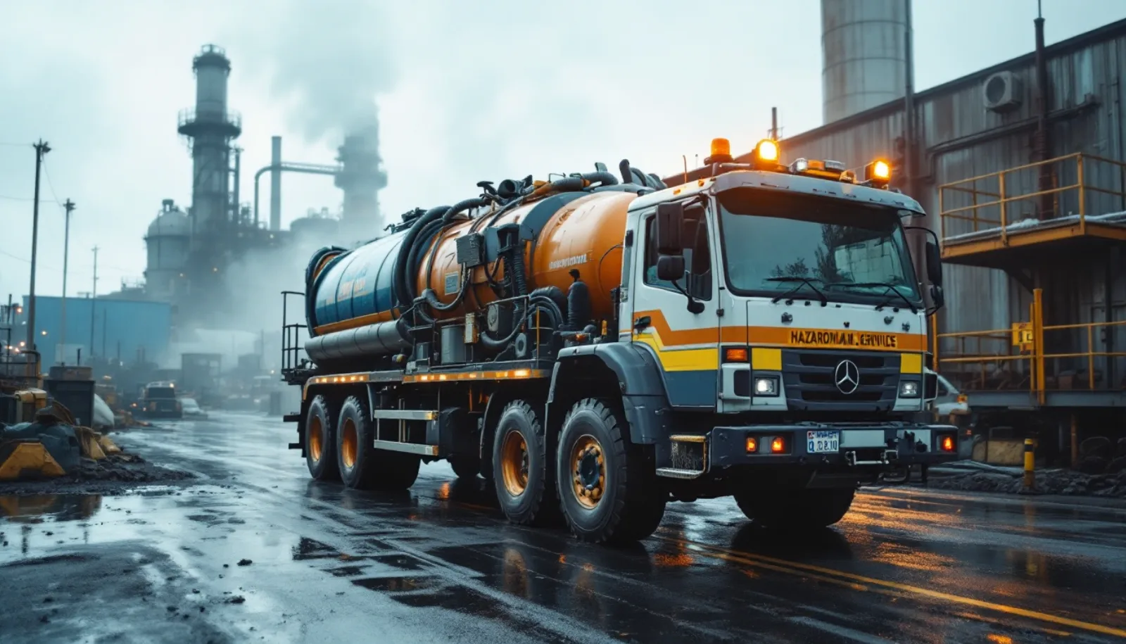 Industrial vacuum truck performing tank cleaning