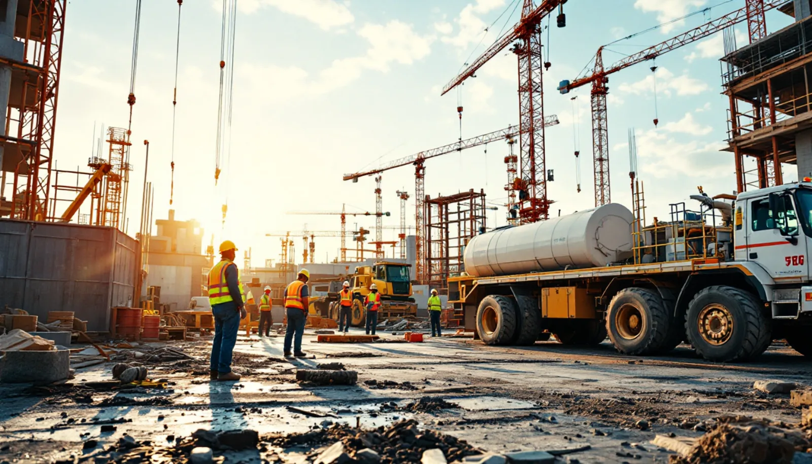 Construction business owner reviewing sale documents at executive desk, with project bids and bonding capacity report visible, hard hat on desk, brass desk lamp golden light