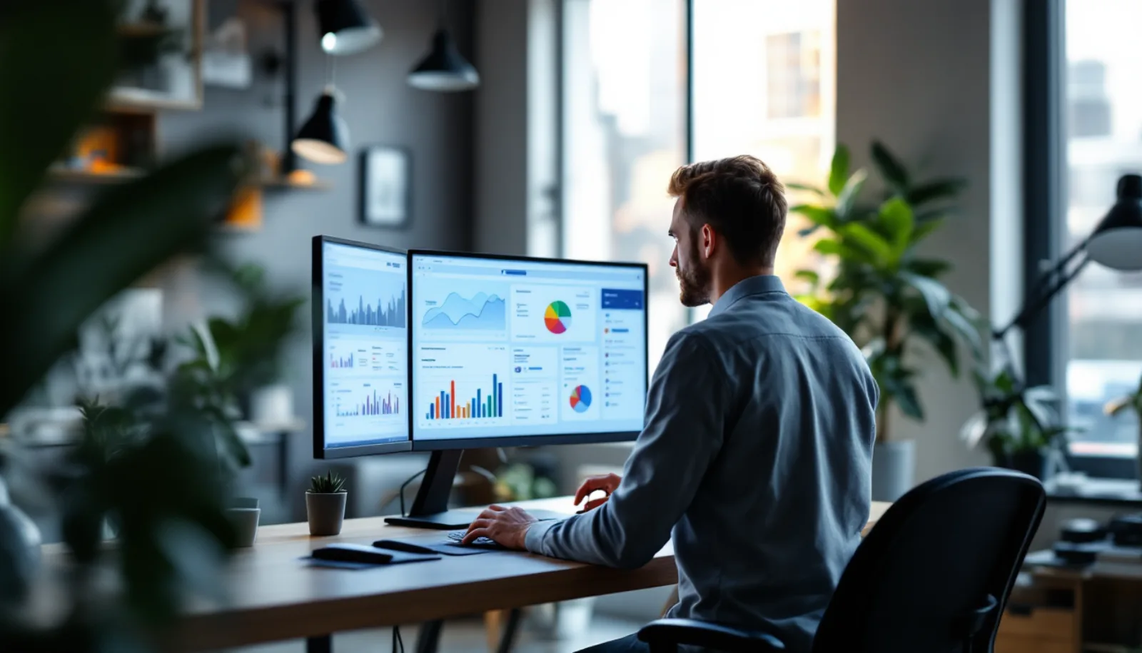 SaaS founder preparing business for sale: executive desk with monitor showing ARR growth chart and SaaS metrics dashboard (no readable numbers), MacBook open with subscription product preview, brass desk lamp golden light, polished walnut surface