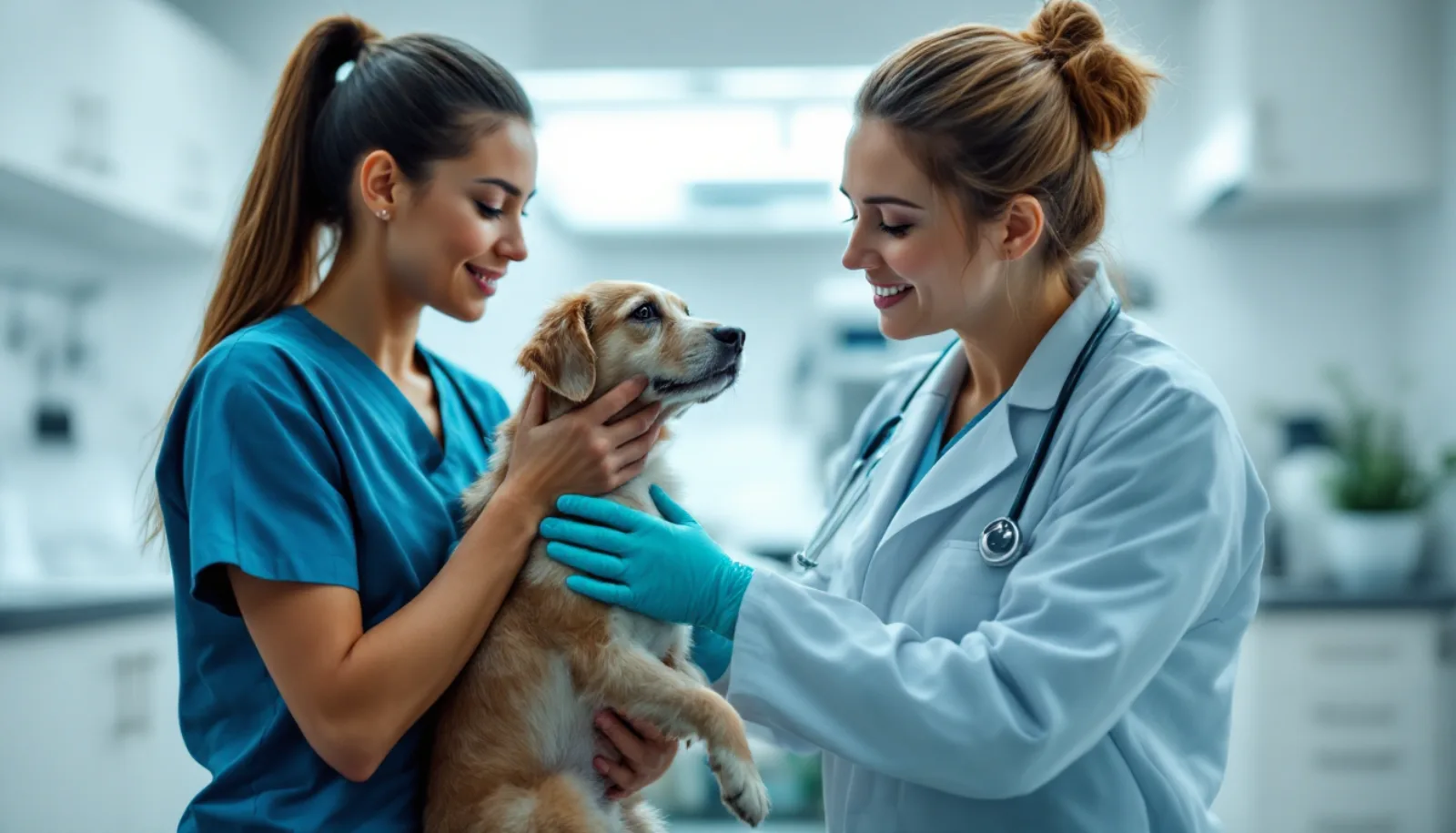 Veterinary practice owner reviewing sale documents at executive desk, with practice valuation and pet health reports visible, brass desk lamp casting warm golden light, polished walnut surface