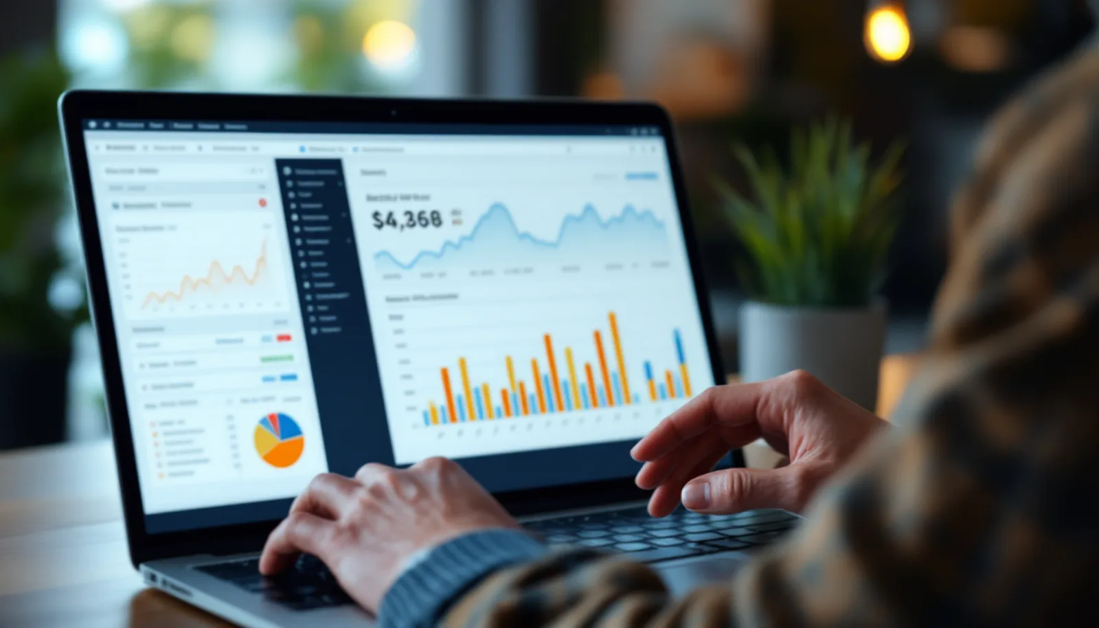 Ecommerce business owner reviewing sale documents at executive desk, with revenue metrics and product catalog visible on monitor, brass desk lamp warm light